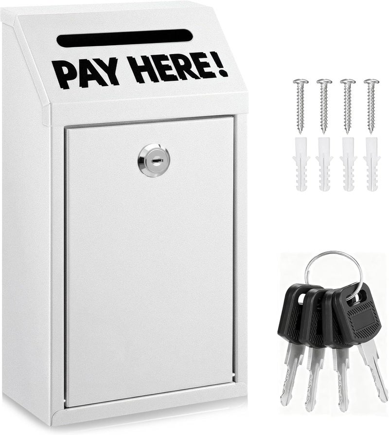 Hualleko Cash Money Box with Slot – 10.2In Metal Donation Box with Lock for Cash Deposit,Wall Mounted Money Drop with Lock and Slot for Home/Farm/Office/Outdoors (White) - Image 1